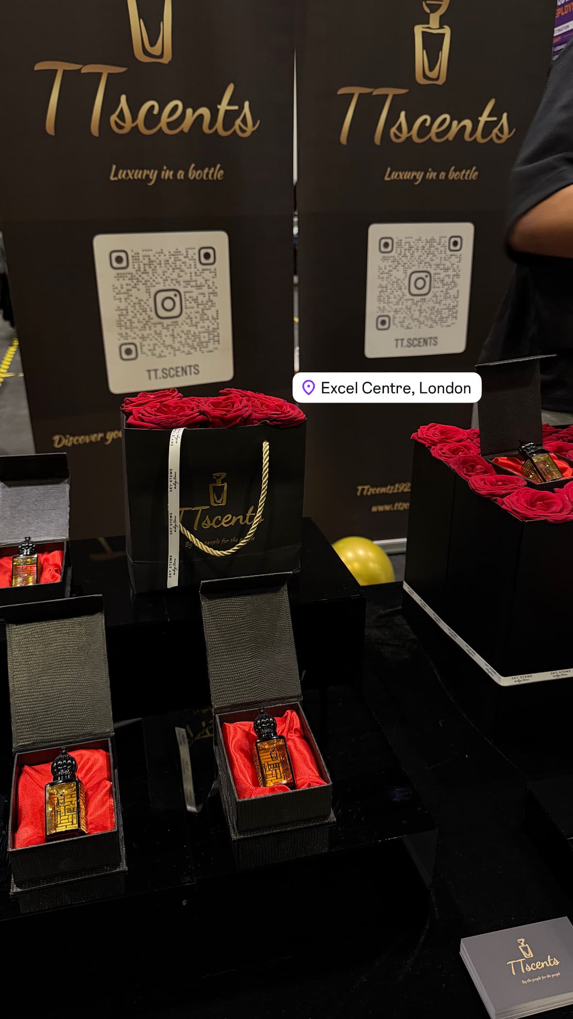 TT Scents bottles and gift bags on display at the ExCeL Centre, London